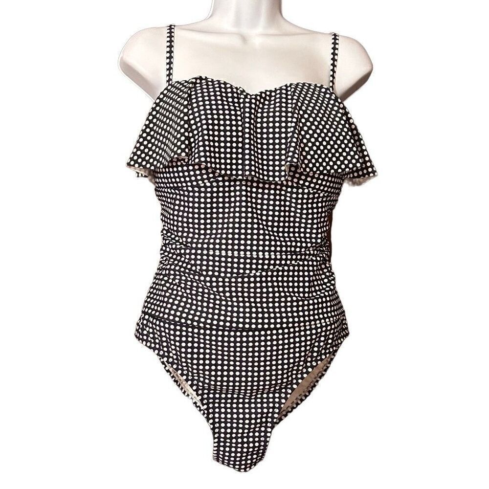 Kona Sol Polka Dot Swimsuit One Piece Ruffle Navy Blue White Size Large Preloved